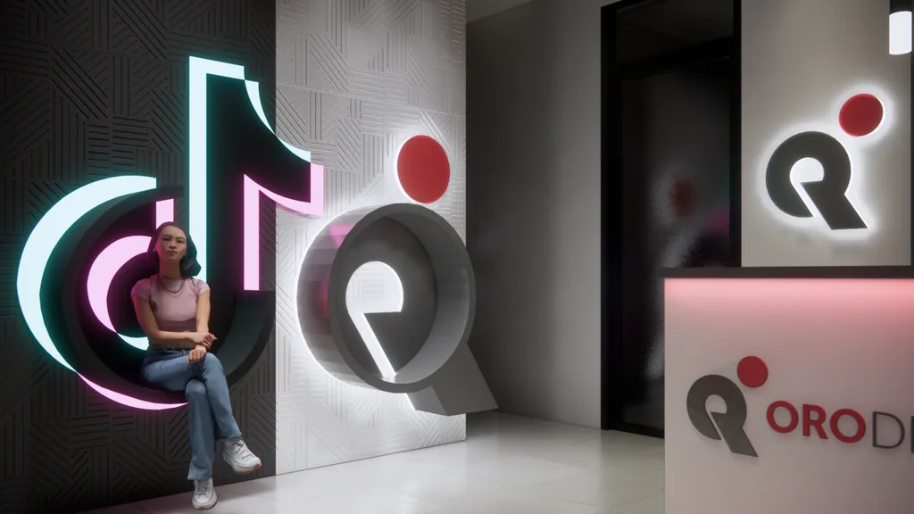 Neon selfie and content area at ORO Digital studios